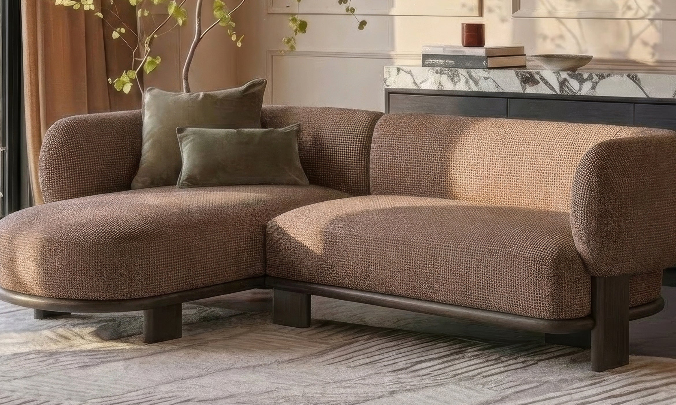 Florence mocha fabric with dark wood left hand facing chaise sofa