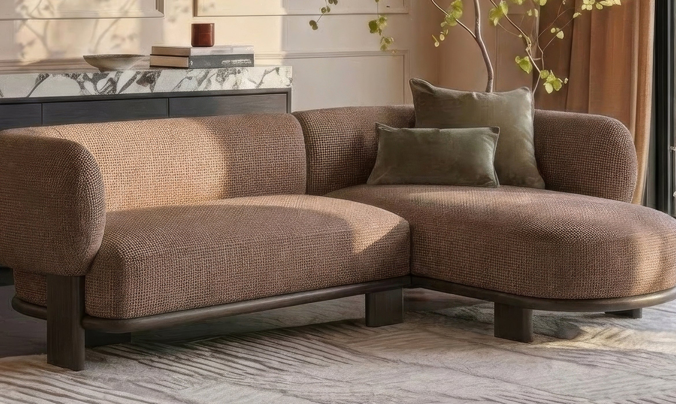 Florence mocha fabric with dark wood right hand facing chaise sofa