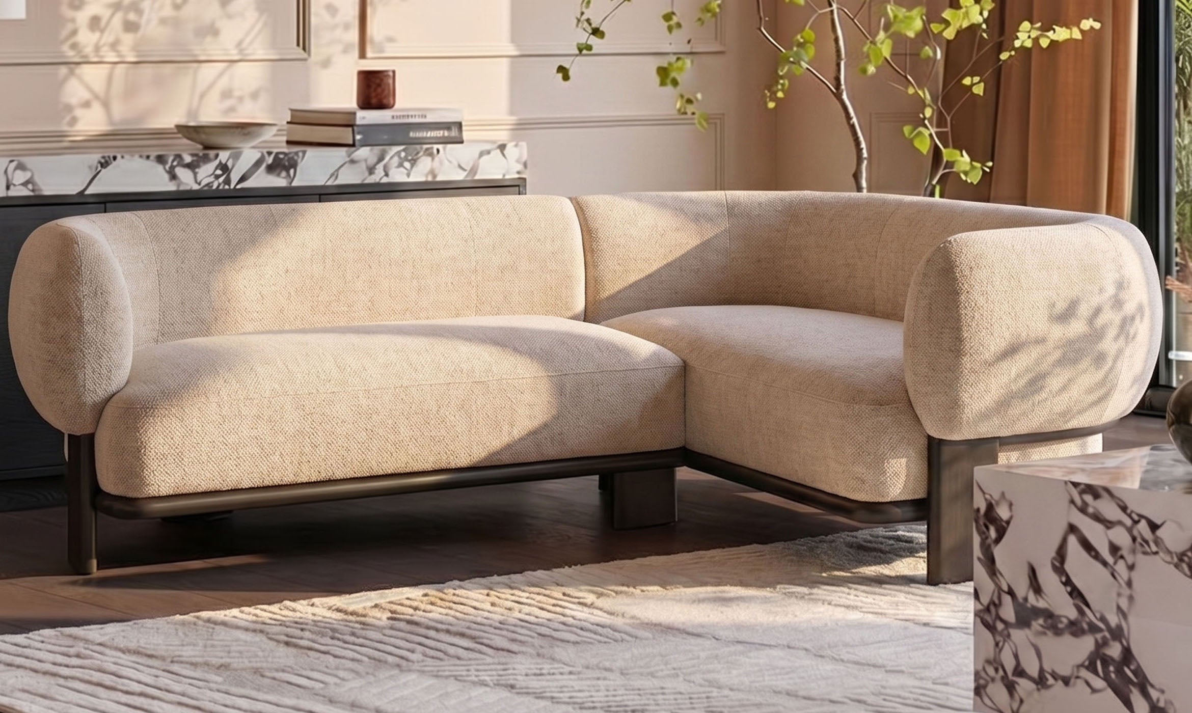 Florence natural fabric with dark wood right hand facing small corner sofa
