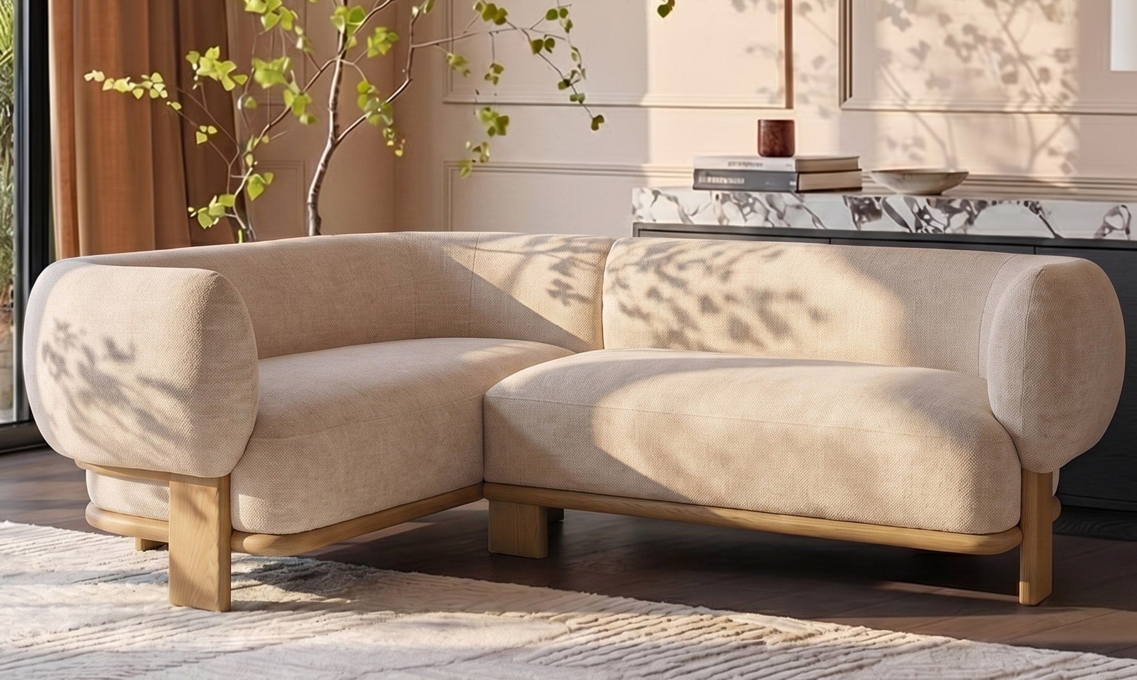 Florence natural fabric with light wood left hand facing small corner sofa