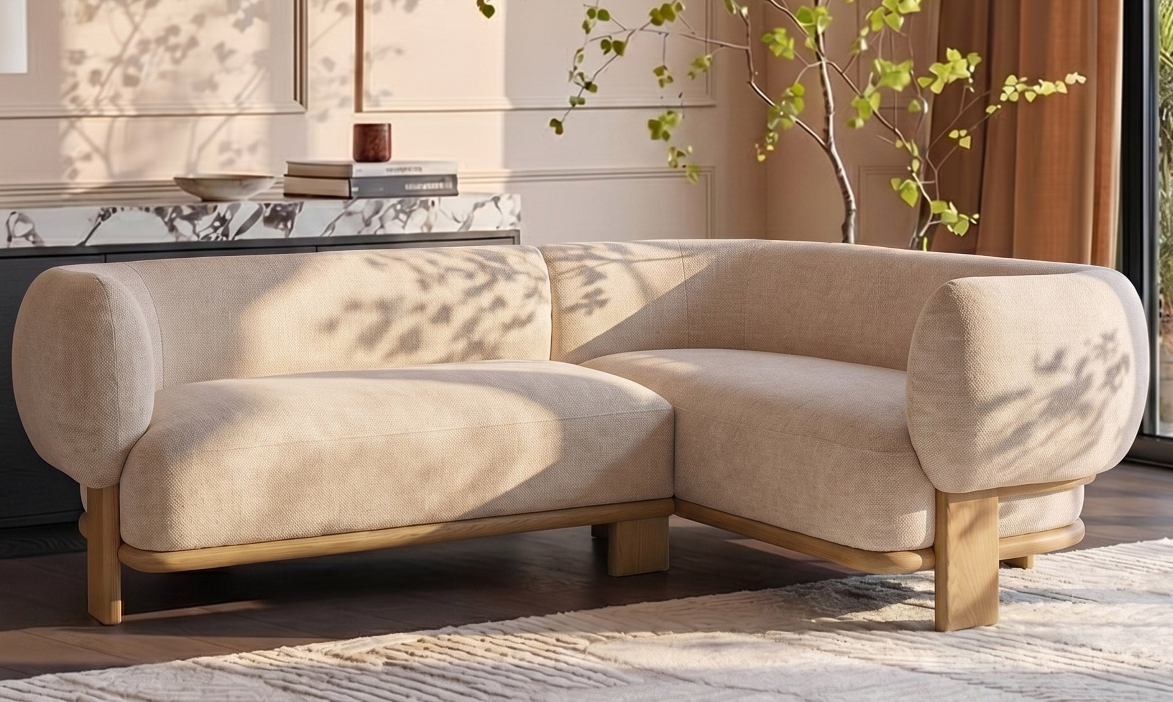 Florence natural fabric with light wood right hand facing small corner sofa