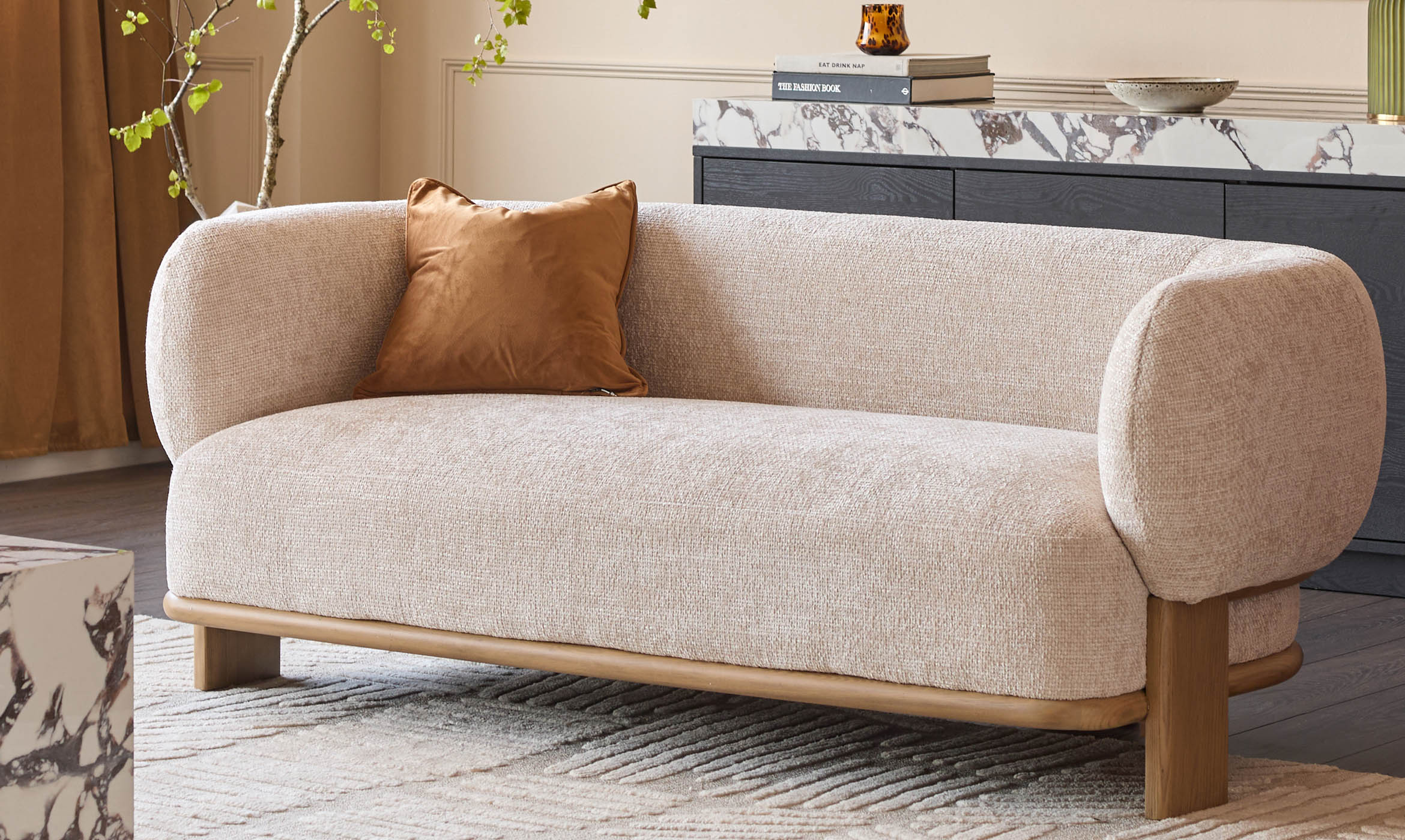 Florence natural fabric with light wood 2 seater sofa