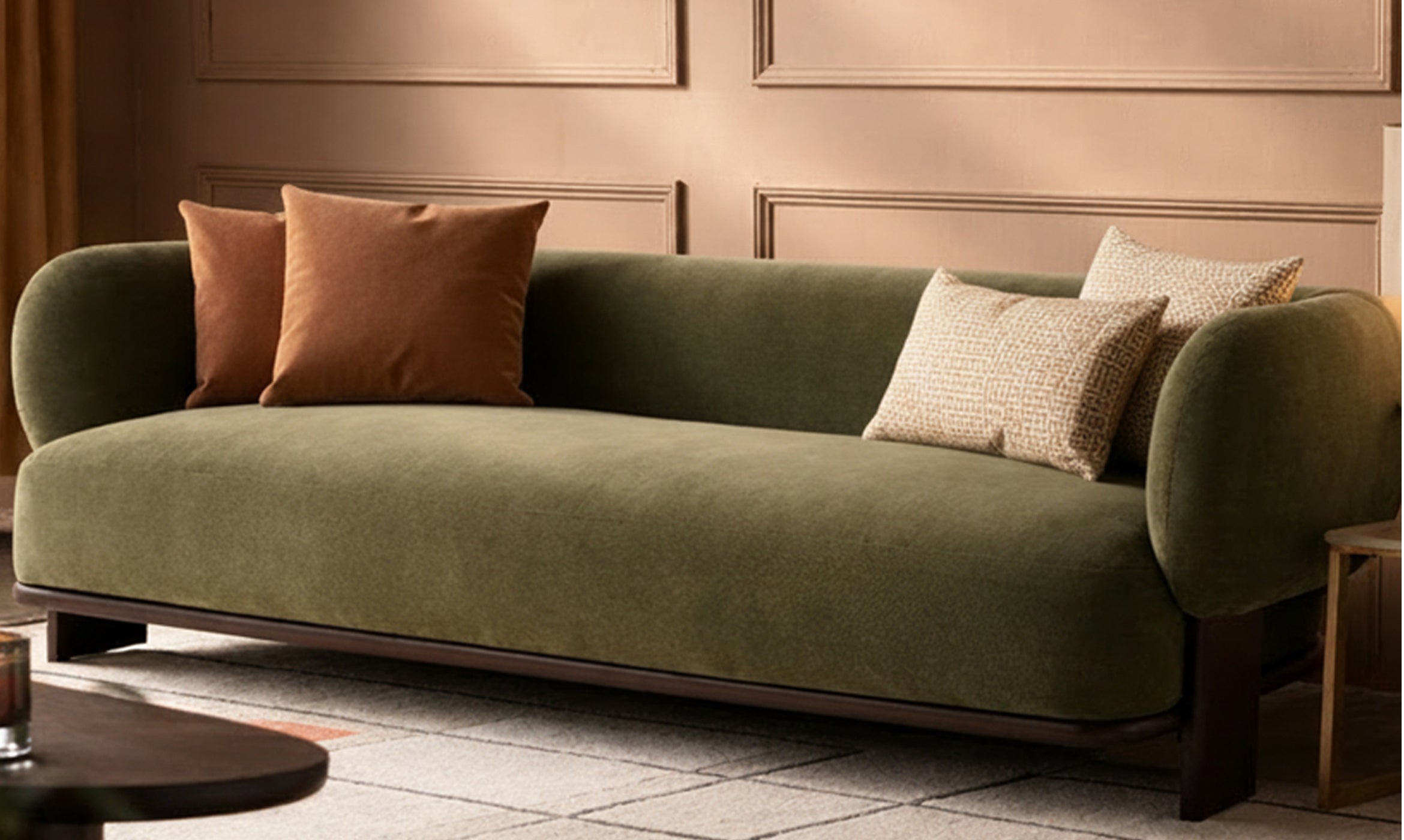 Florence olive green chenille with dark wood 3 seater sofa