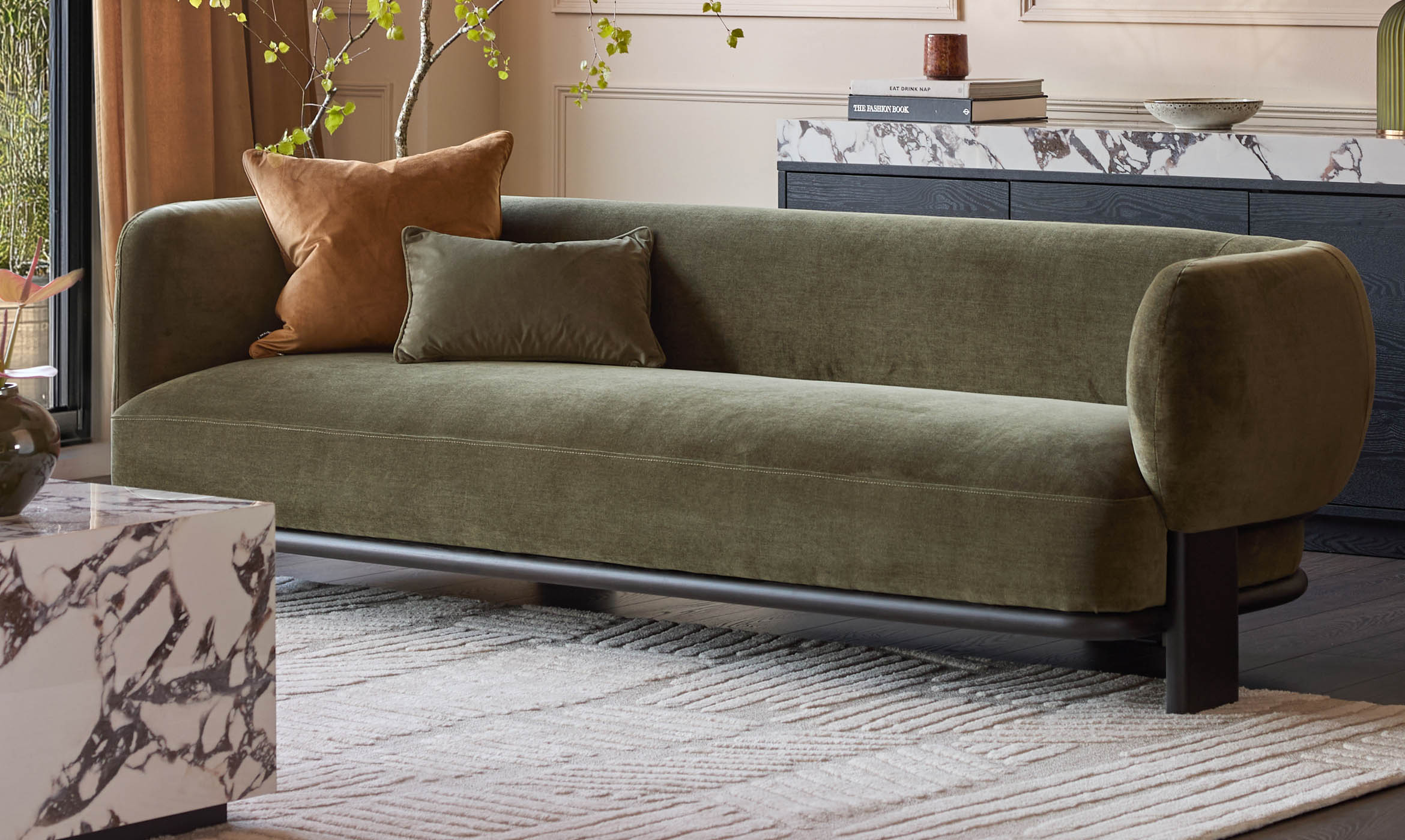 Florence olive green chenille with dark wood 3 seater sofa