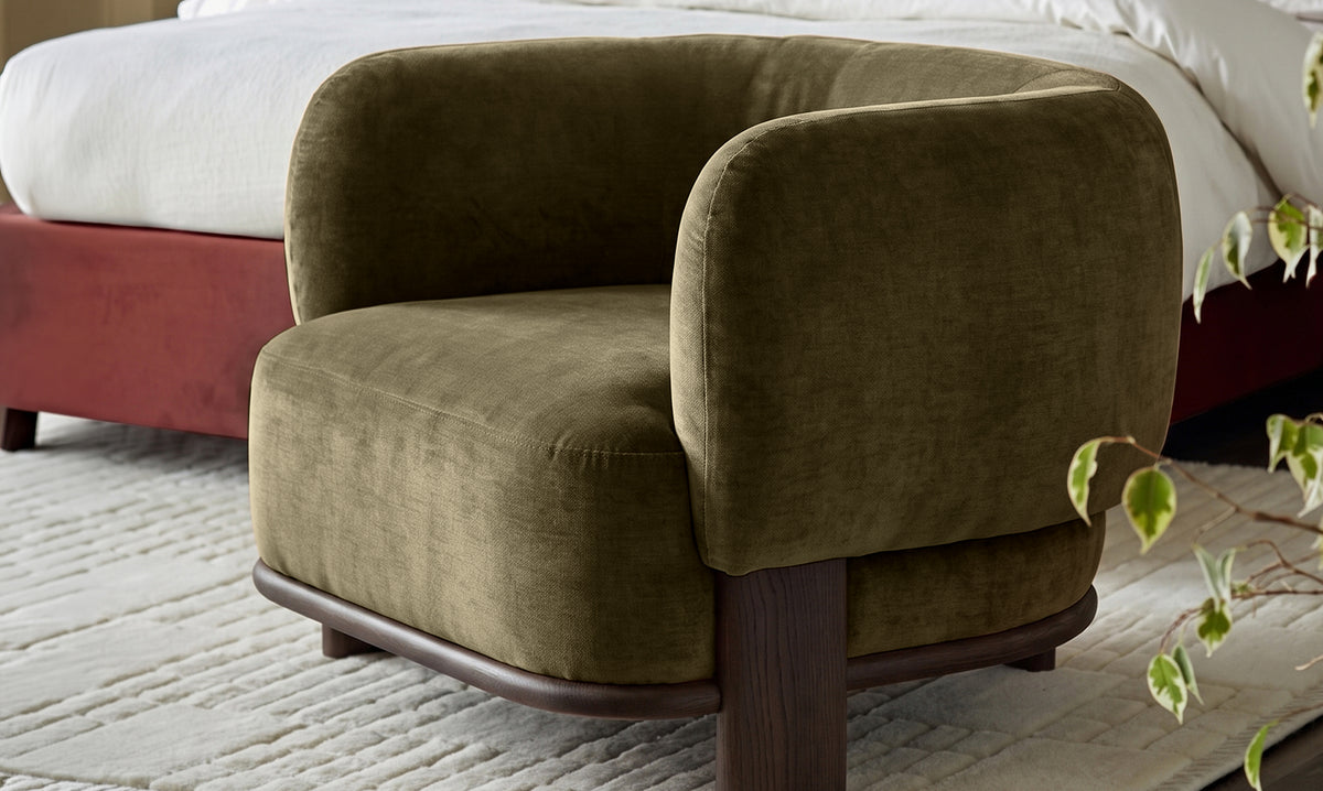 Florence olive green chenille dark wood armchair