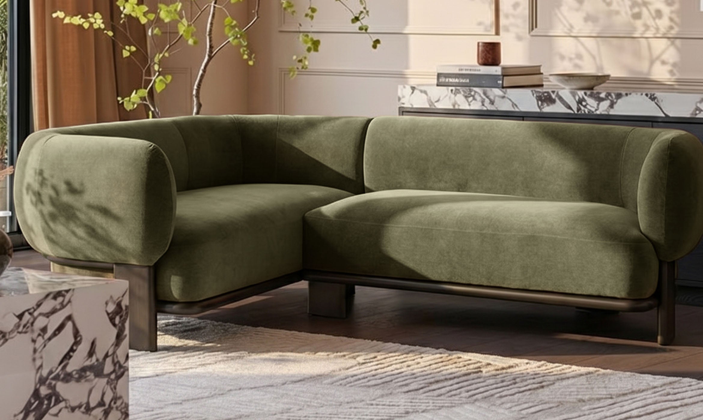 Florence olive green fabric with dark wood left hand facing small corner sofa