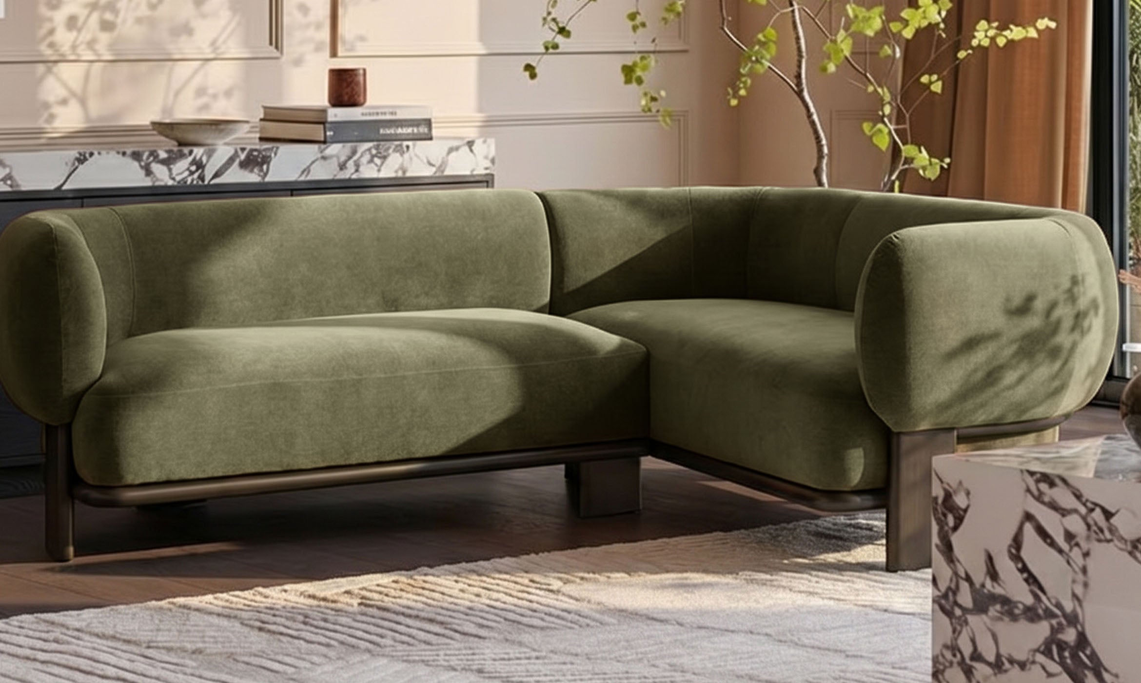 Florence olive green fabric with dark wood right hand facing small corner sofa