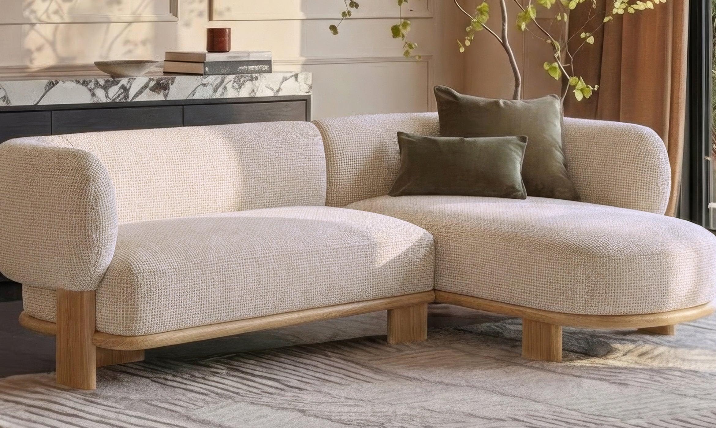 Florence natural fabric with light wood right hand facing chaise sofa