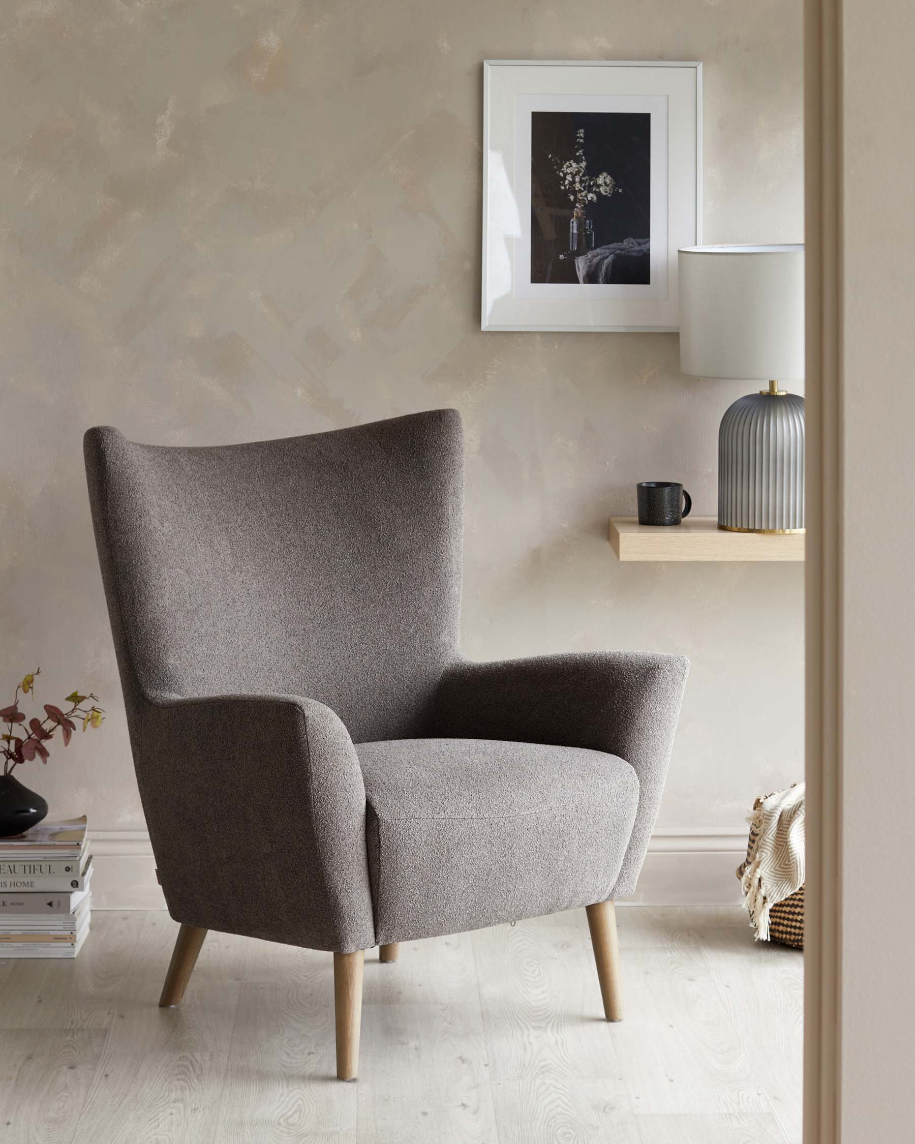 Flynn Warm Grey Soft Touch Boucle Wingback Chair