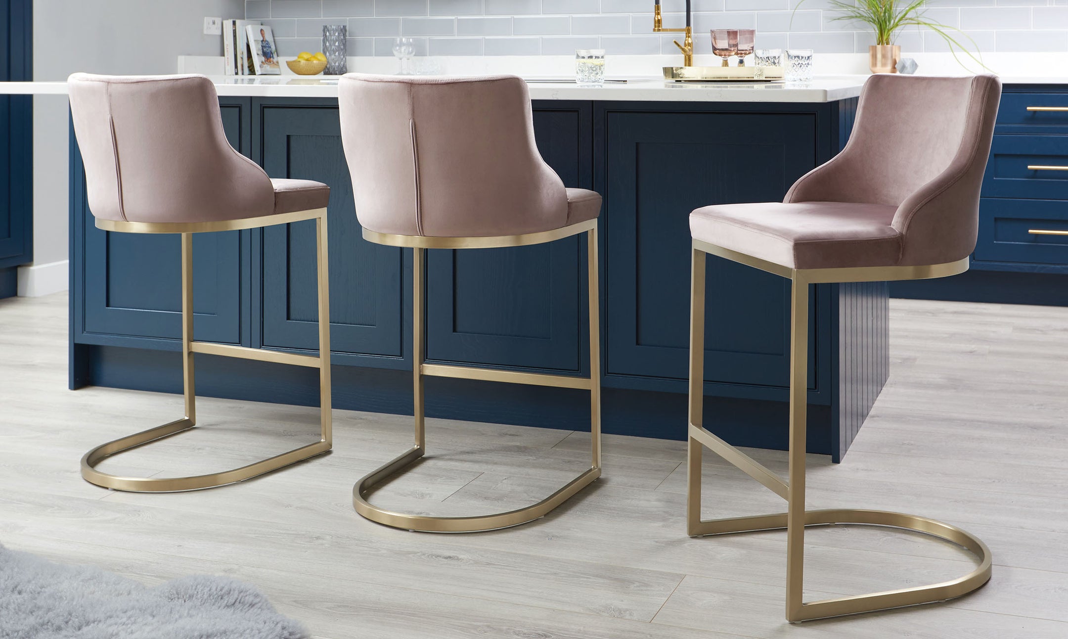 Form Blush Pink Velvet & Brass Bar Stool With Backrest