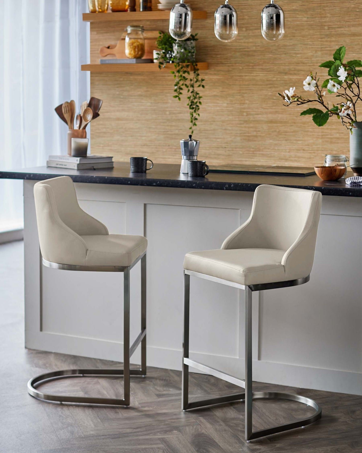 Form Light Grey Faux Leather Stainless Steel Bar Stool With Backrest - Set Of 2