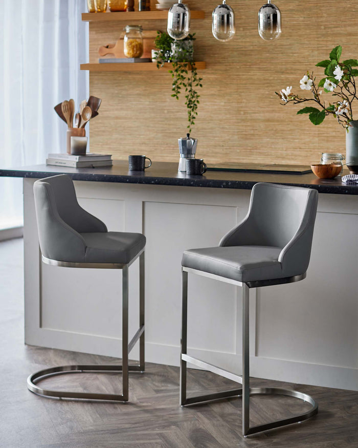 Form Grey Faux Leather Stainless Steel Bar Stool With Backrest - Set Of 2