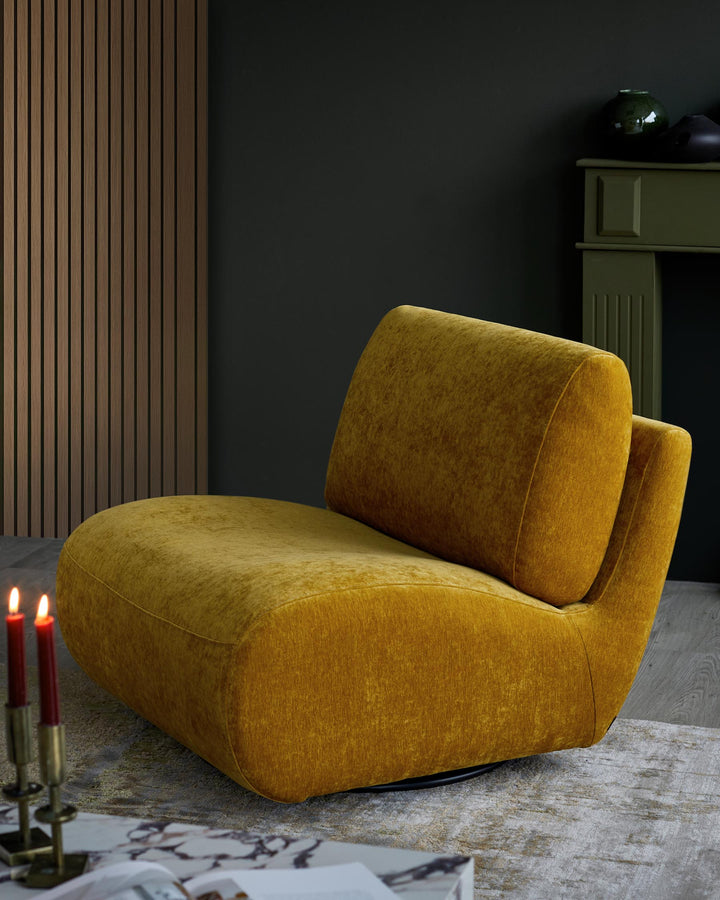 A cosy mustard-yellow swivel armchair sits against a dark, stylish backdrop. Perfect for relaxing in any modern living space.