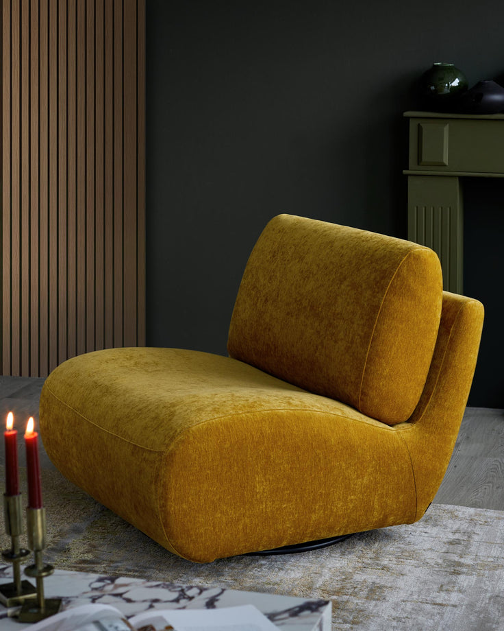 A cosy mustard-yellow swivel armchair sits against a dark, stylish backdrop. Perfect for relaxing in any modern living space.
