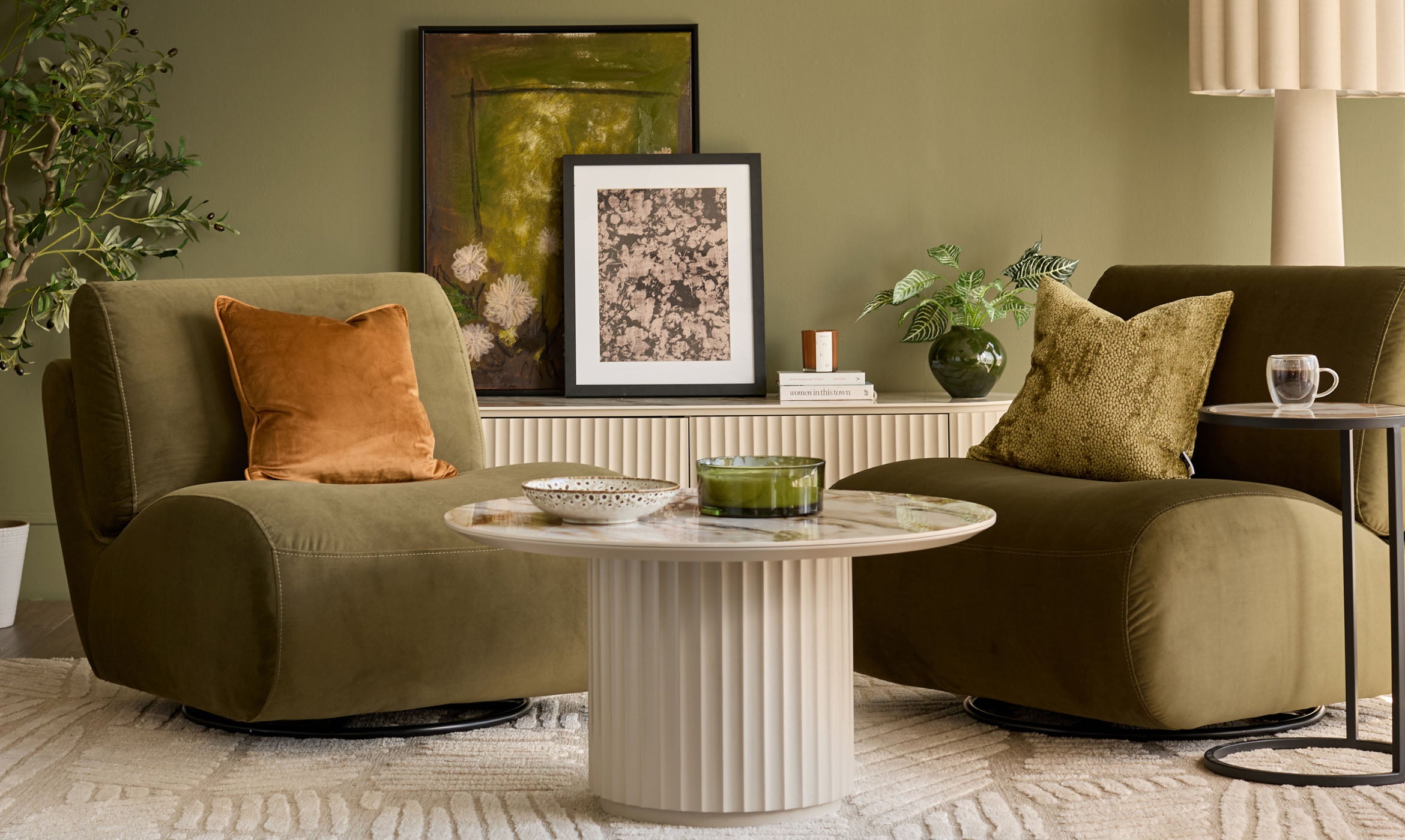 Frances olive green velvet swivel accent chair
