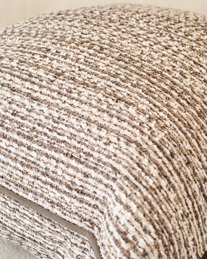 Franco large cushion in chocolate, close-up showing textured woven fabric with white and tan striped pattern.
