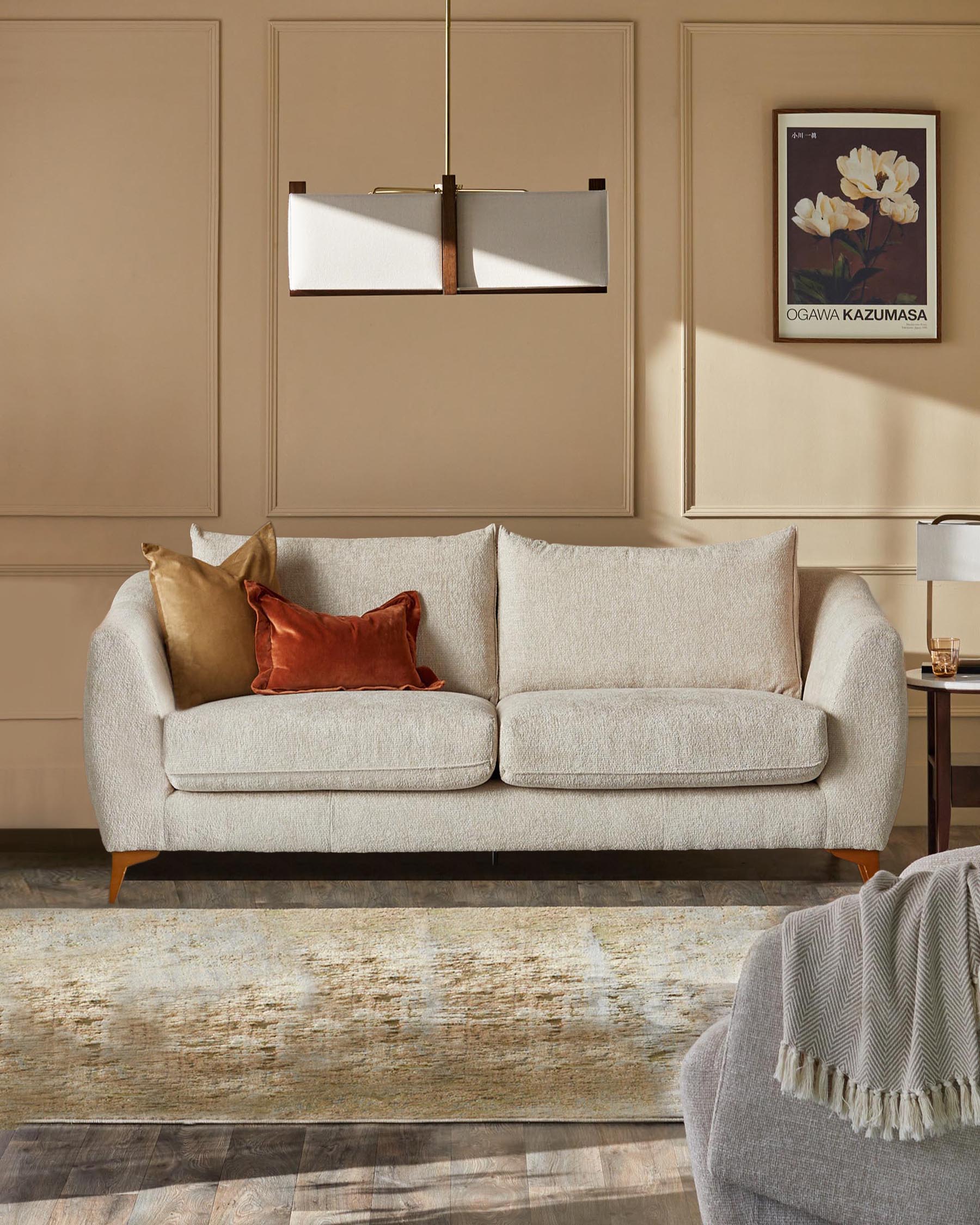 Genevieve 2-seater sofa in natural weave with wood legs, styled in a neutral living room setting.