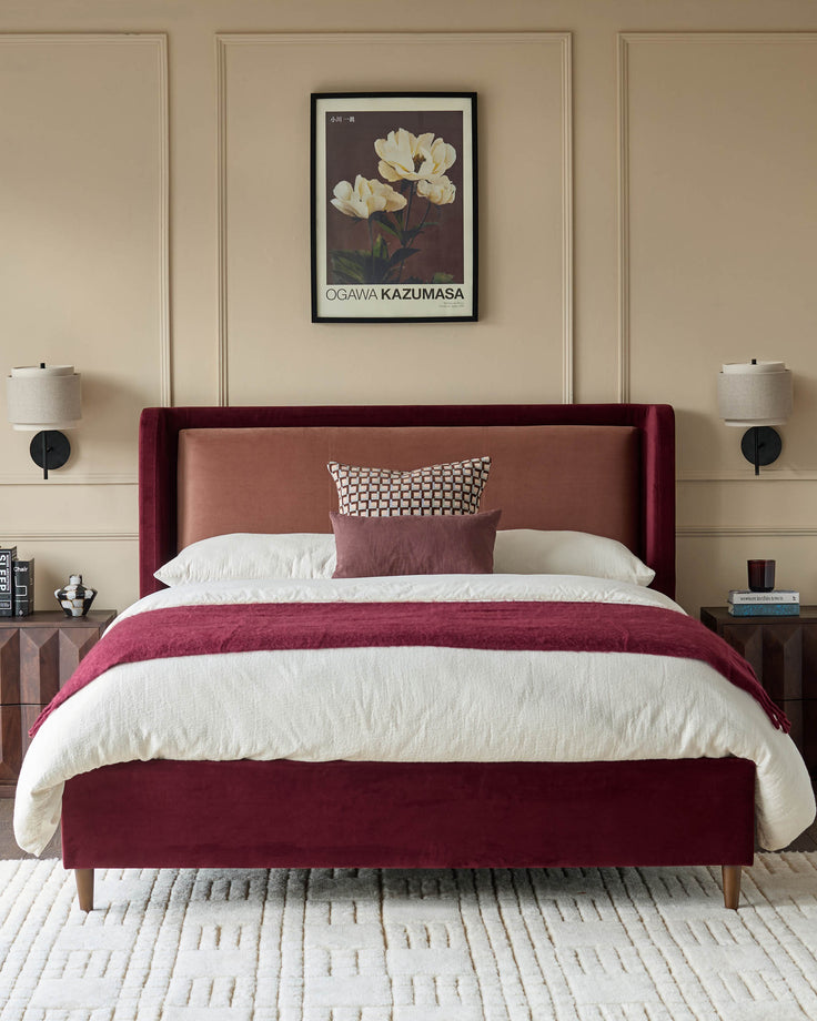 Grove King Ottoman Bed in rose velvet with plum headboard, styled in a bedroom with white bedding and decorative pillows.