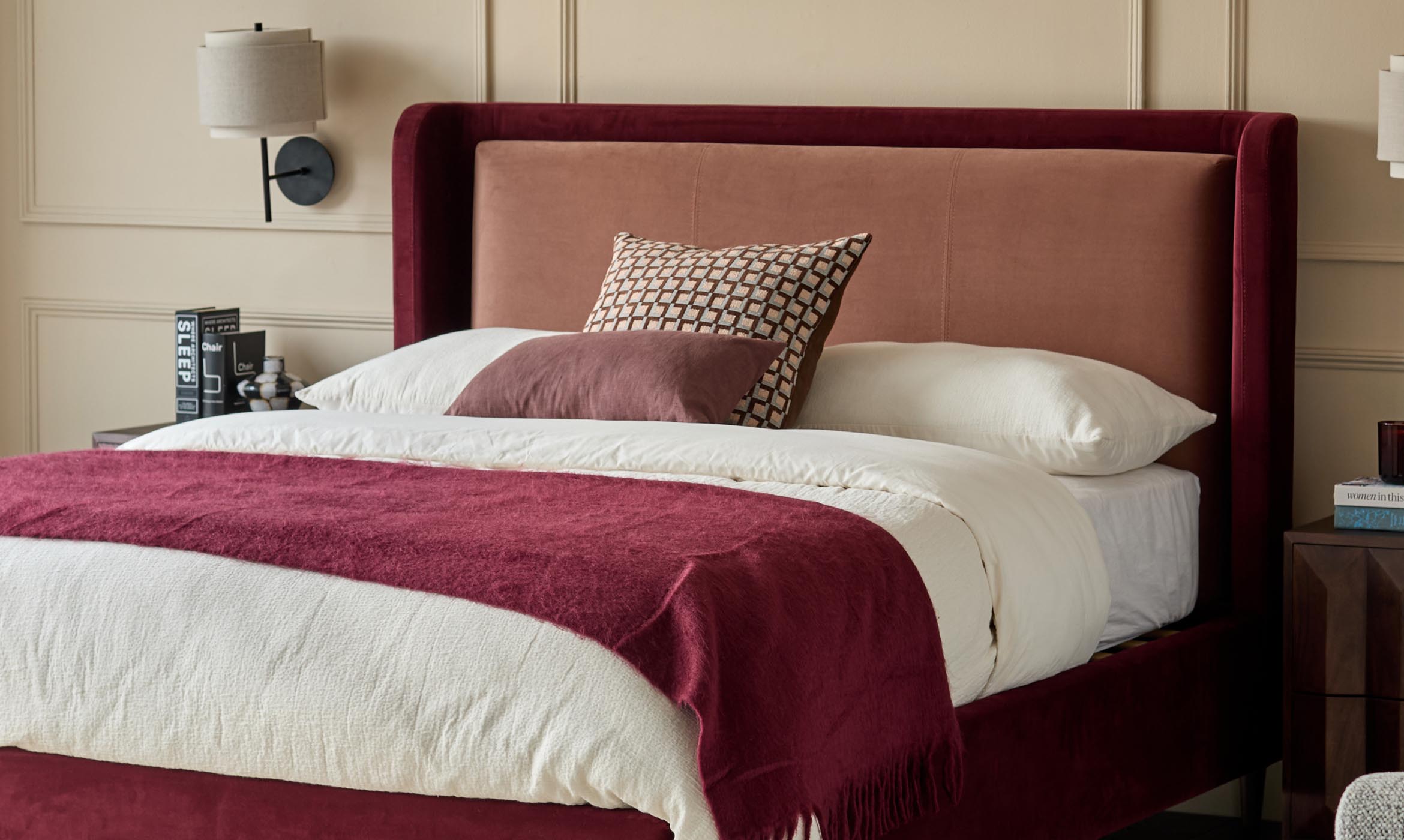 Grove rose velvet and plum velvet king size ottoman storage bed