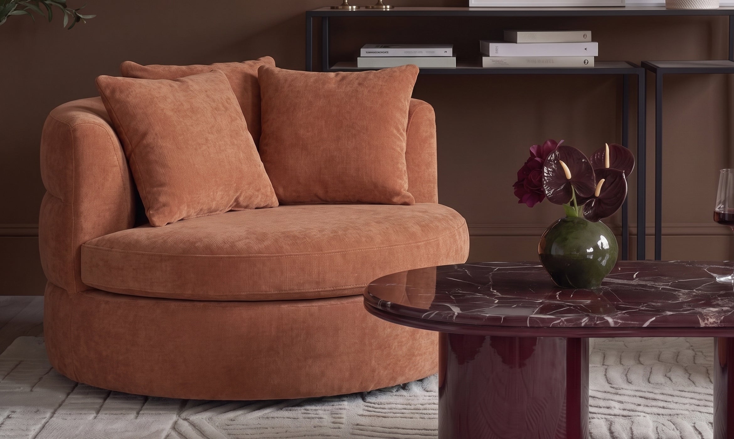 Gwen apricot chenille swivel armchair