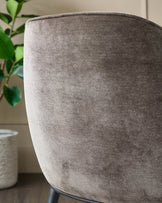 Close-up of a brown chair back with a house plant in the background, ideal for a living room or office space.