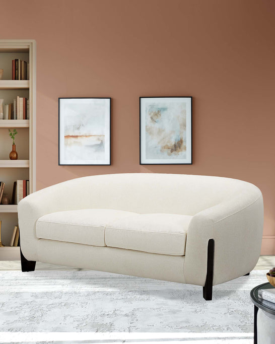 Contemporary beige sofa with a curved design and two-cushion seating, raised on dark wooden block legs, against a terracotta wall. A textured off-white rug lies underneath. A bookshelf with some books and a small plant is partially visible on the left. Two abstract framed art pieces hang above the sofa.