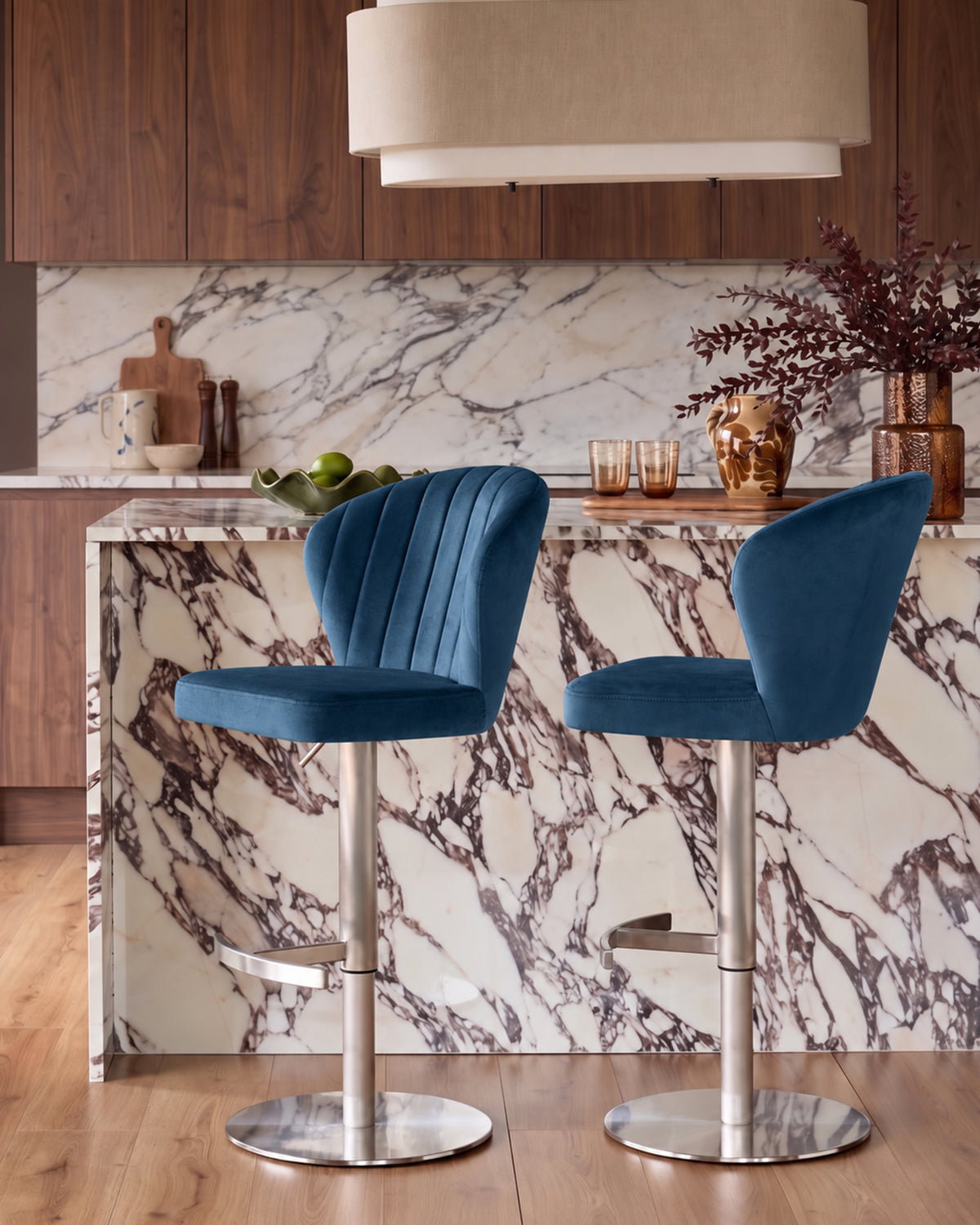 Harper Dark Blue Velvet Gas Lift Bar Stool