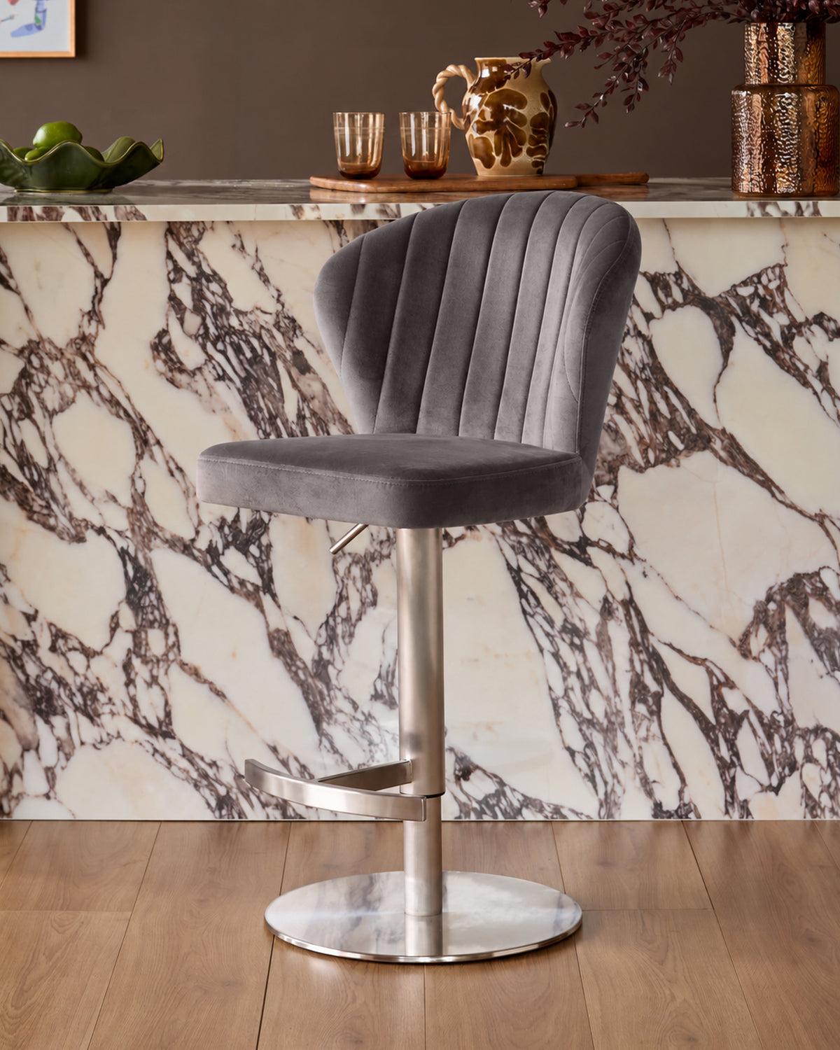 Harper Dark Grey Velvet Gas Lift Bar Stool