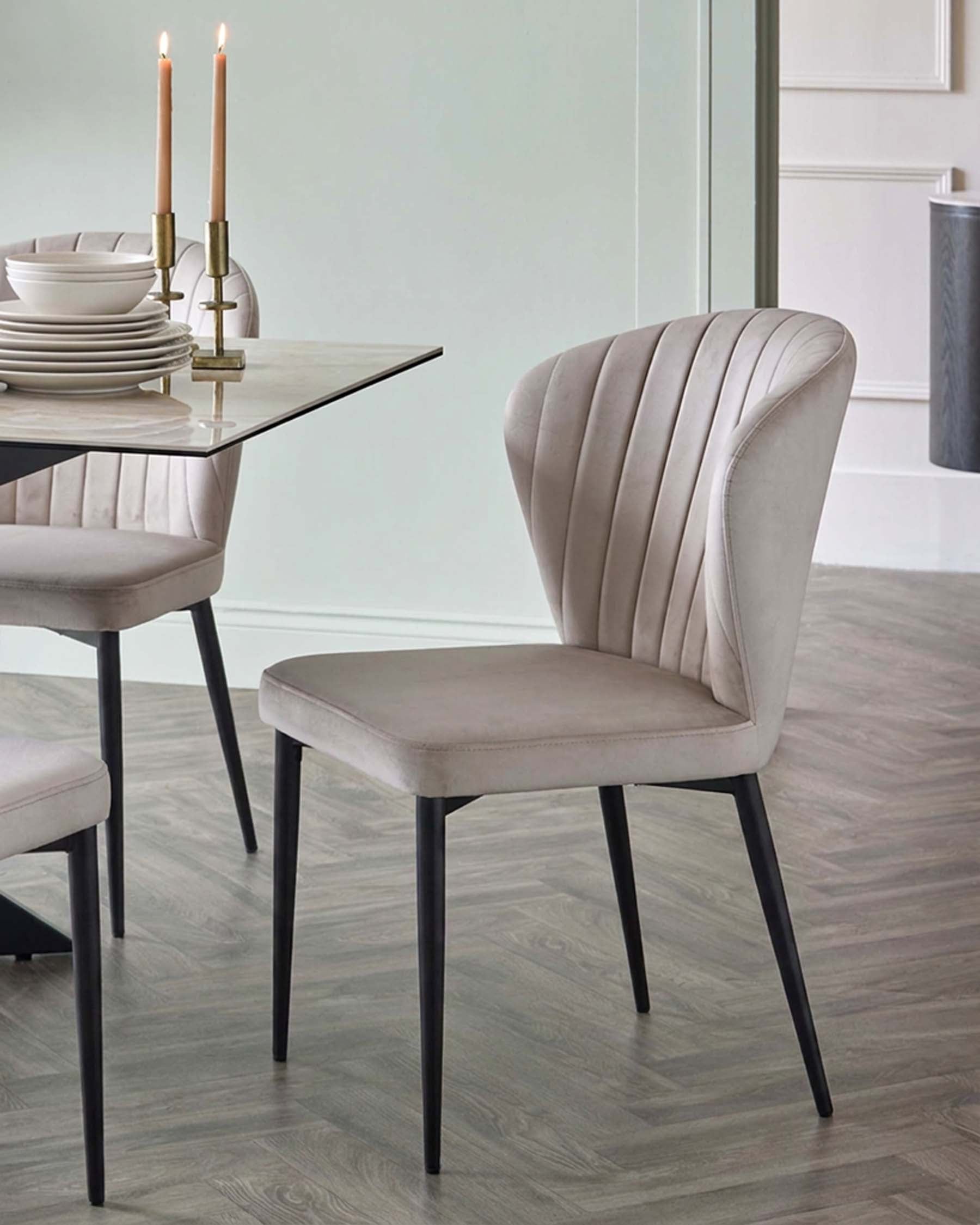 Harper dining chair in champagne velvet with black metal legs, shown in modern dining setting.