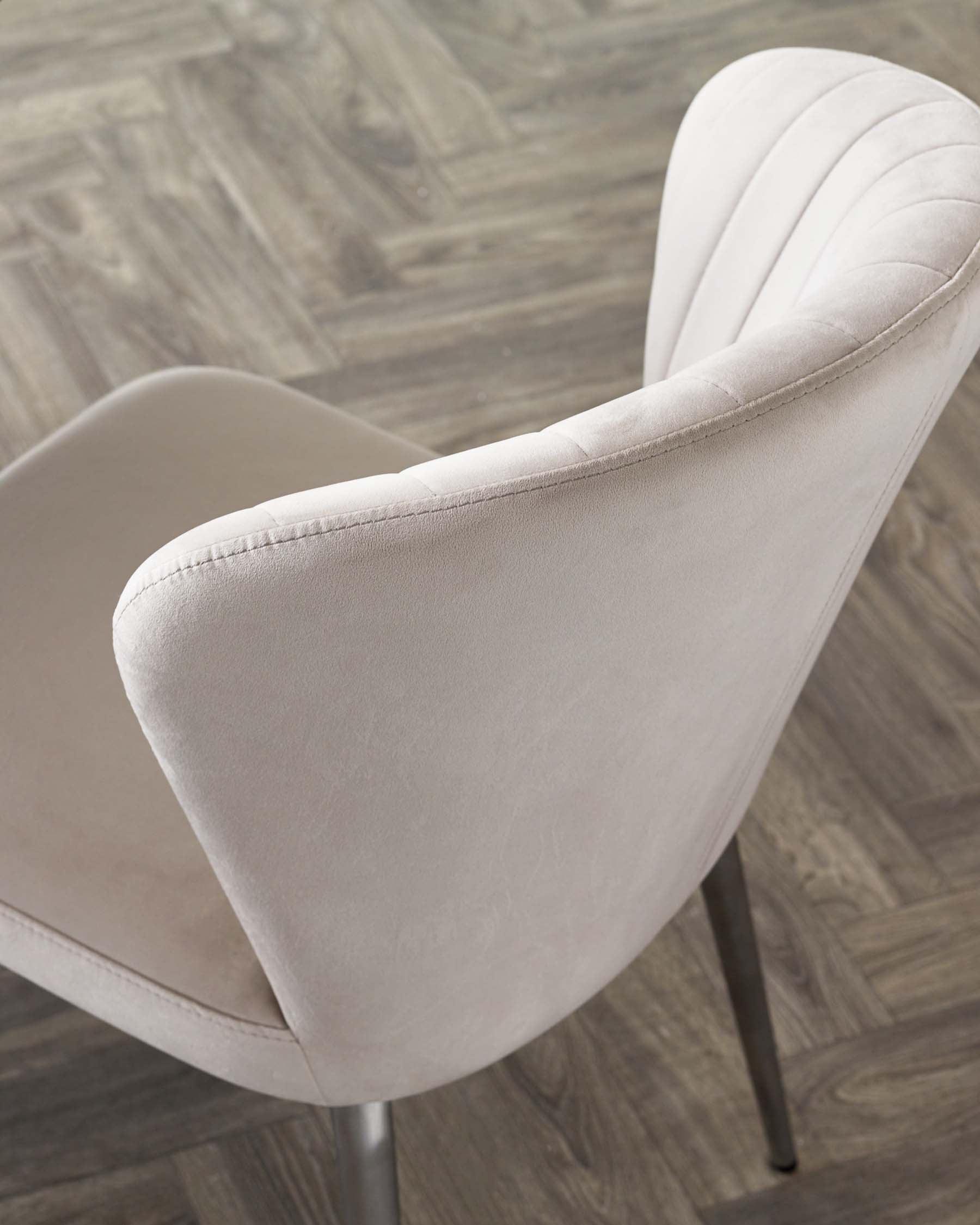 Harper dining chair in champagne velvet, side view showing curved backrest and black metal legs on wood flooring.