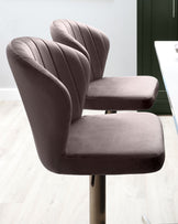 Harper Velvet Gas Lift Bar Stool in Mocha - side view showing quilted backrest and curved seat on metal pedestal base.