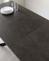 Dark grey ceramic 6-8 extending dining table with olive green right corner & 3 seater dining bench set