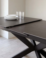 Dark grey ceramic 6-8 extending dining table with olive green right corner & 3 seater dining bench set