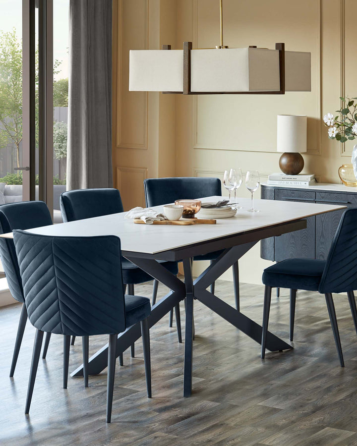 A modern dining set featuring a white-topped table with dark grey legs and upholstered blue dining chairs.