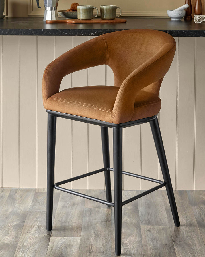 A stylish brown bar stool with a black metal frame, perfect for adding a touch of sophistication to any kitchen or bar area.