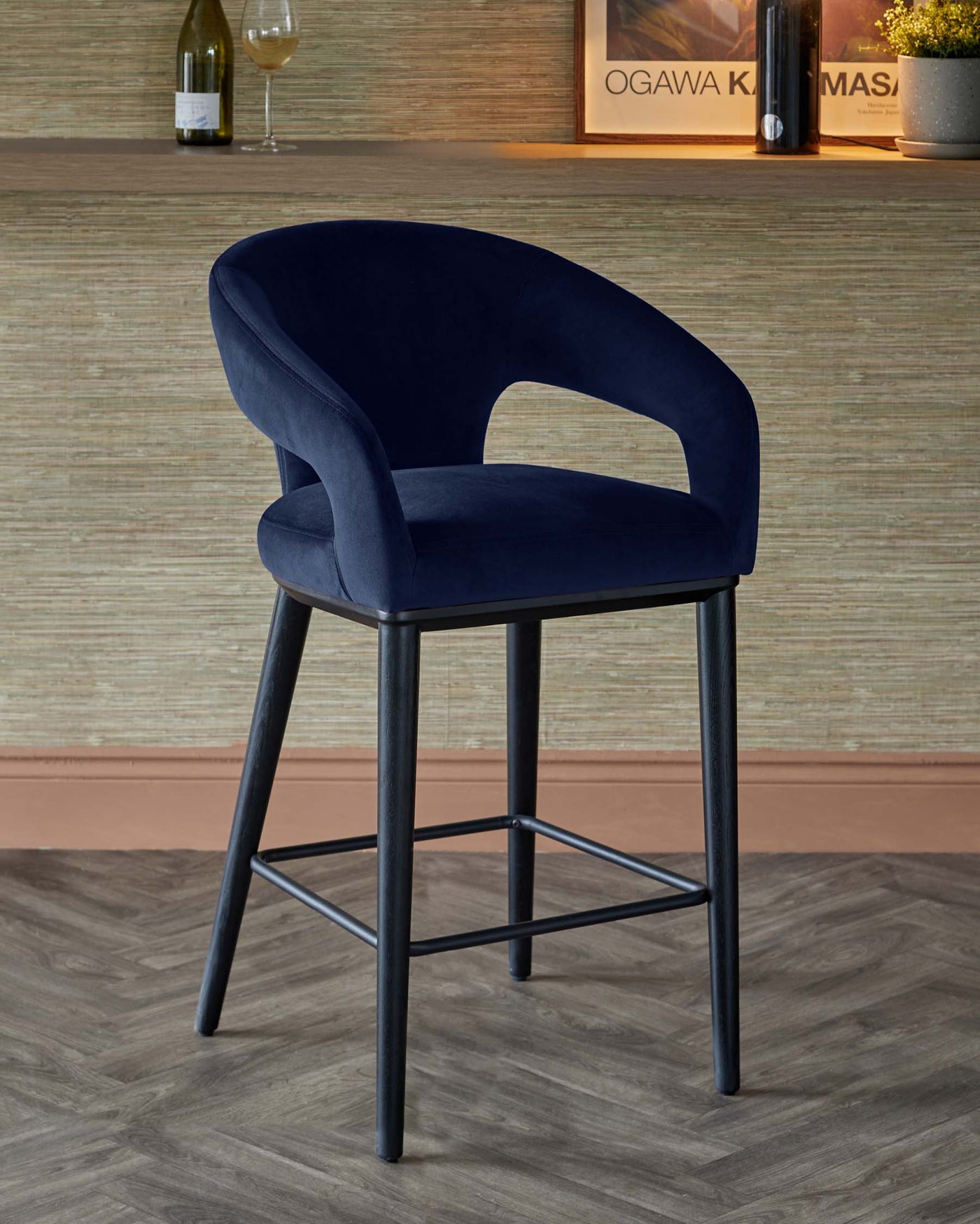 Heath navy recycled velvet bar stool