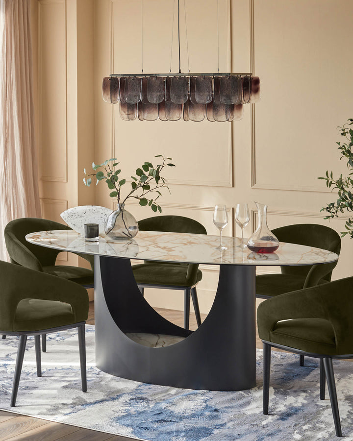 A modern dining set featuring an oval marble table with sculptural base, surrounded by stylish olive green chairs and a chandelier.
