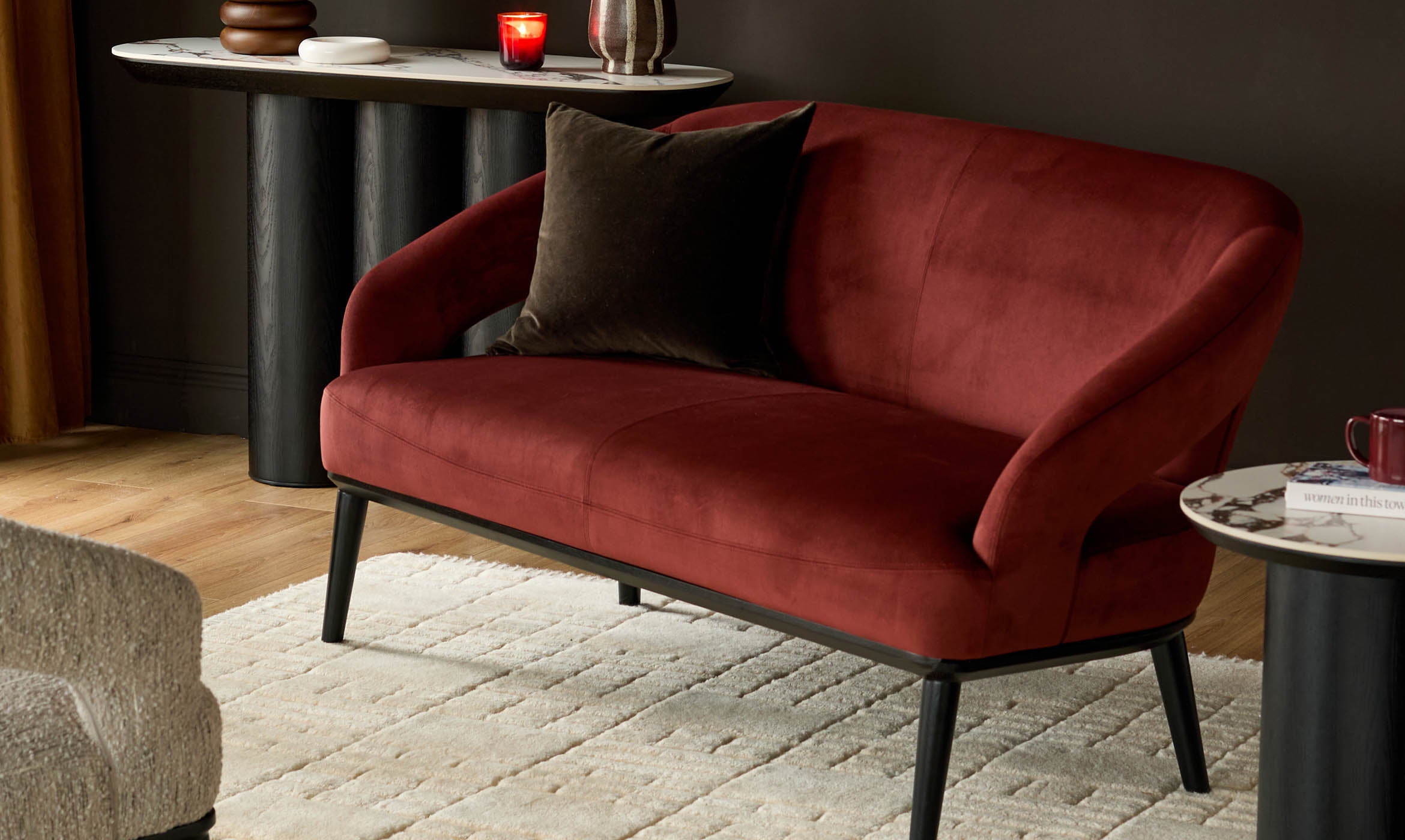 Heath toffee red velvet accent sofa