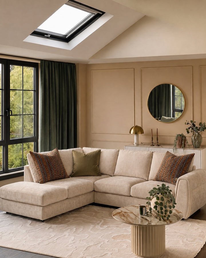 Heidi champagne chenille left hand corner chaise sofa
