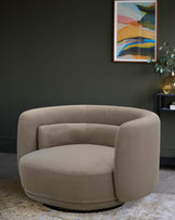 A cosy-looking, swivel armchair in a neutral tone. Perfect for relaxing after a long day.