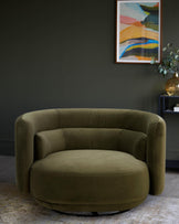 Olive green swivel chair with abstract print and gold vase on a shelf. A modern, stylish interior choice.