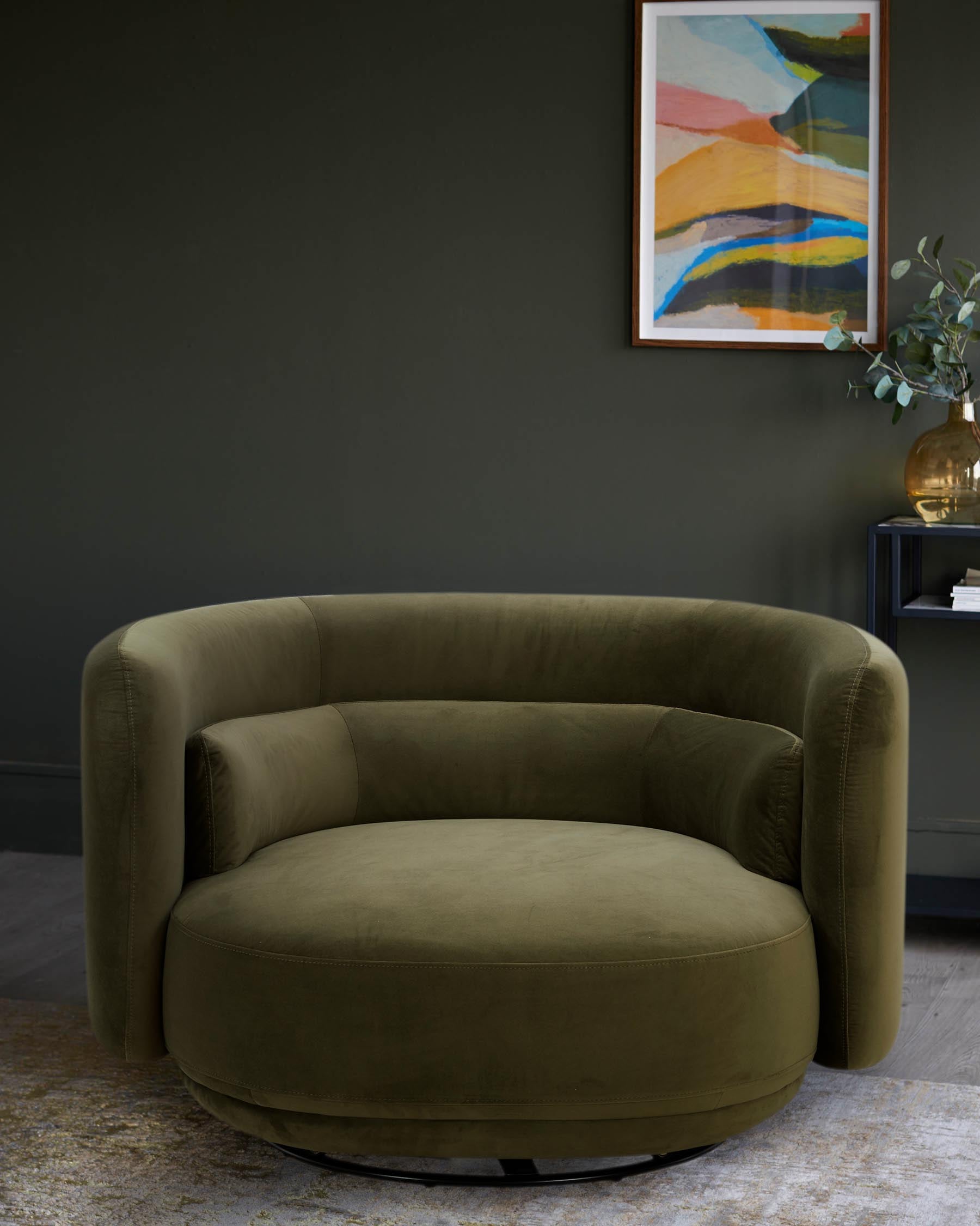 Olive green swivel chair with abstract print and gold vase on a shelf. A modern, stylish interior choice.