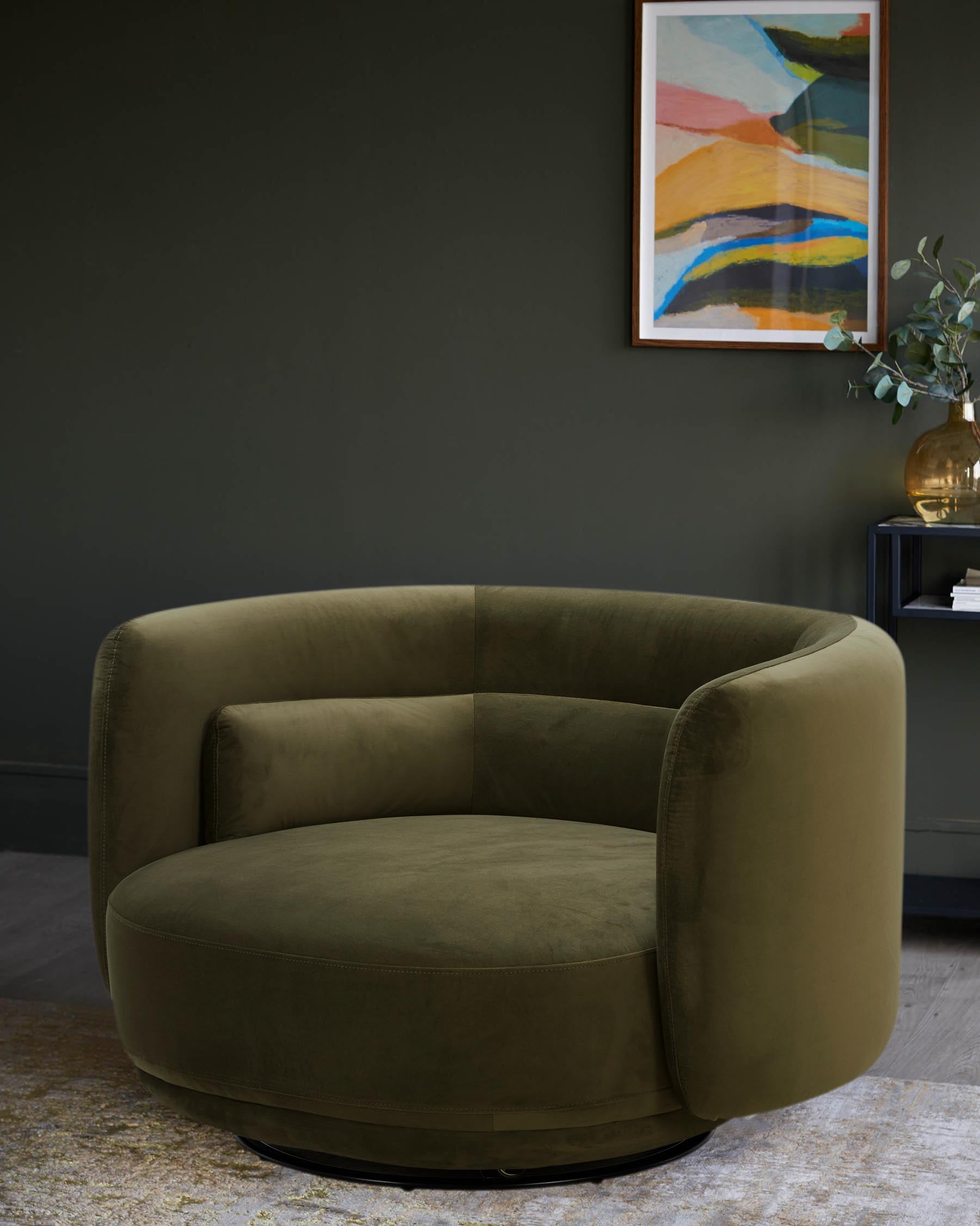 Stylish olive green velvet swivel armchair, with abstract art and dark shelving unit in the background.