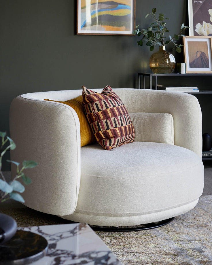 A modern, cream-coloured swivel armchair with mustard and patterned cushions sits in front of dark green wall and shelving.