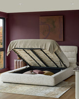 Hepworth king-size ottoman bed in natural fabric with open storage base, showing slatted frame and cushioned headboard.