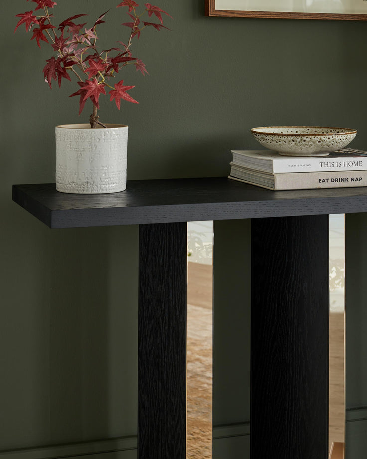 A stylish dark wood console table with a plant and books on top, creating a modern and elegant display.