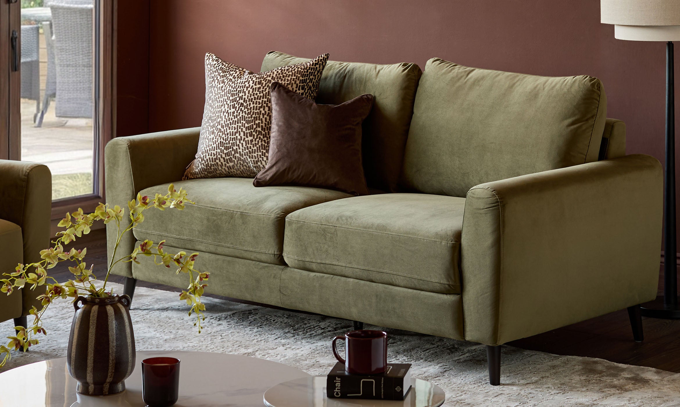 Jacob olive green velvet dark wood 3 seater sofa