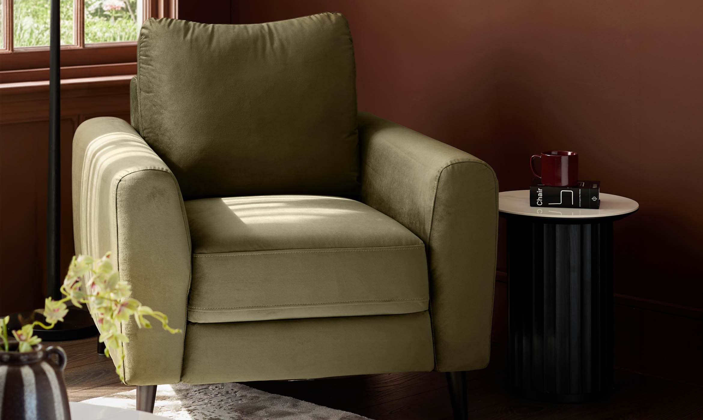 Jacob olive green velvet dark wood armchair