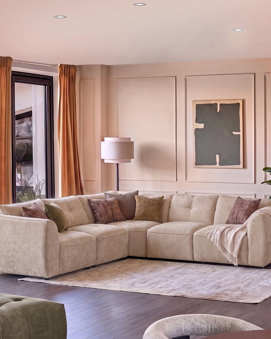 Jodie champagne chenille large corner sofa