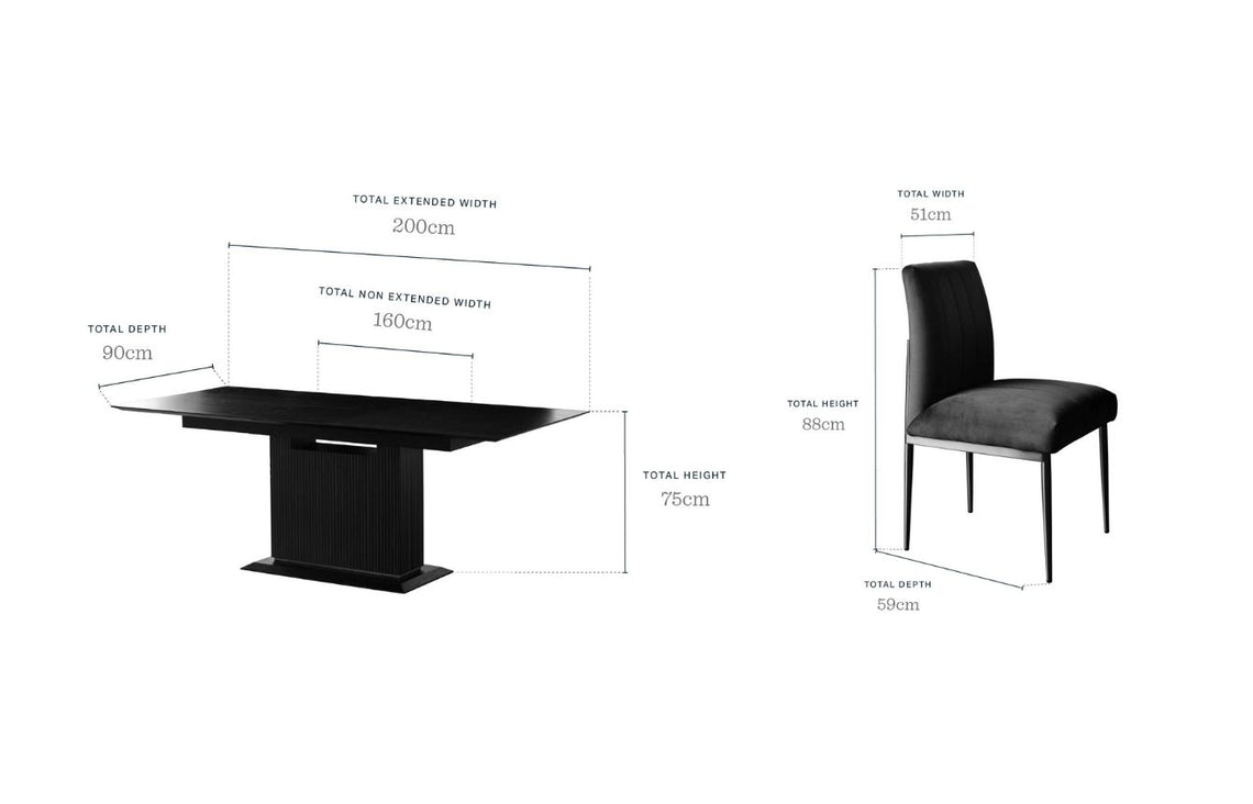 Kai black oak 6-8 seater table and 6 Kendra dining chairs set